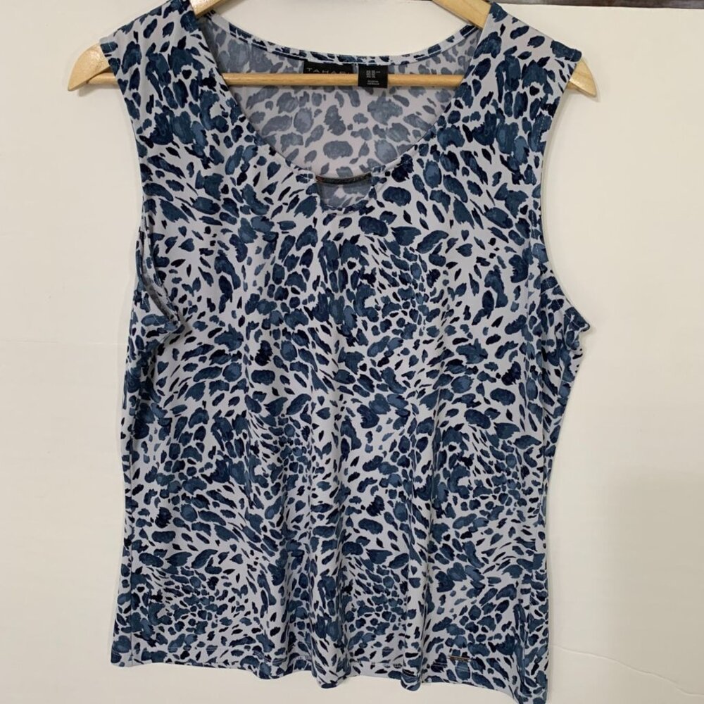 Tahari Blue Animal Print Tank‎ Silver Bar Accent Size XL Work Causal Resort